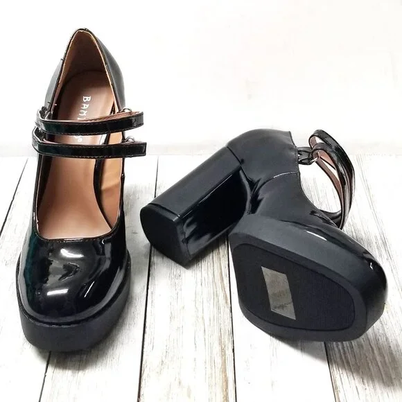 New Black Mary Jane Platform Chunky Heel Pumps - Picture 3 of 4